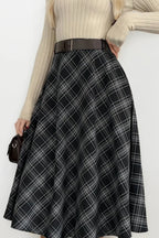 Belted Maxi Length Black Plaid Skirt