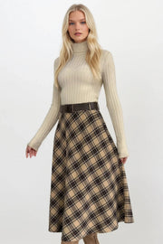 Belted Maxi-Length Beige Plaid Skirt