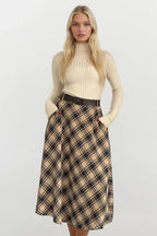 Belted Maxi Length Beige Plaid Skirt