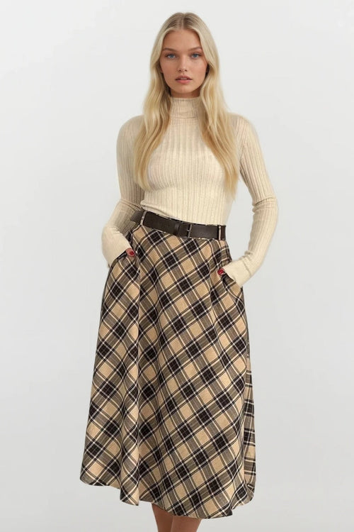 Belted Maxi Length Beige Plaid Skirt