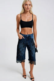 Lace Detail High Waisted Blue Bermuda Denim Shorts