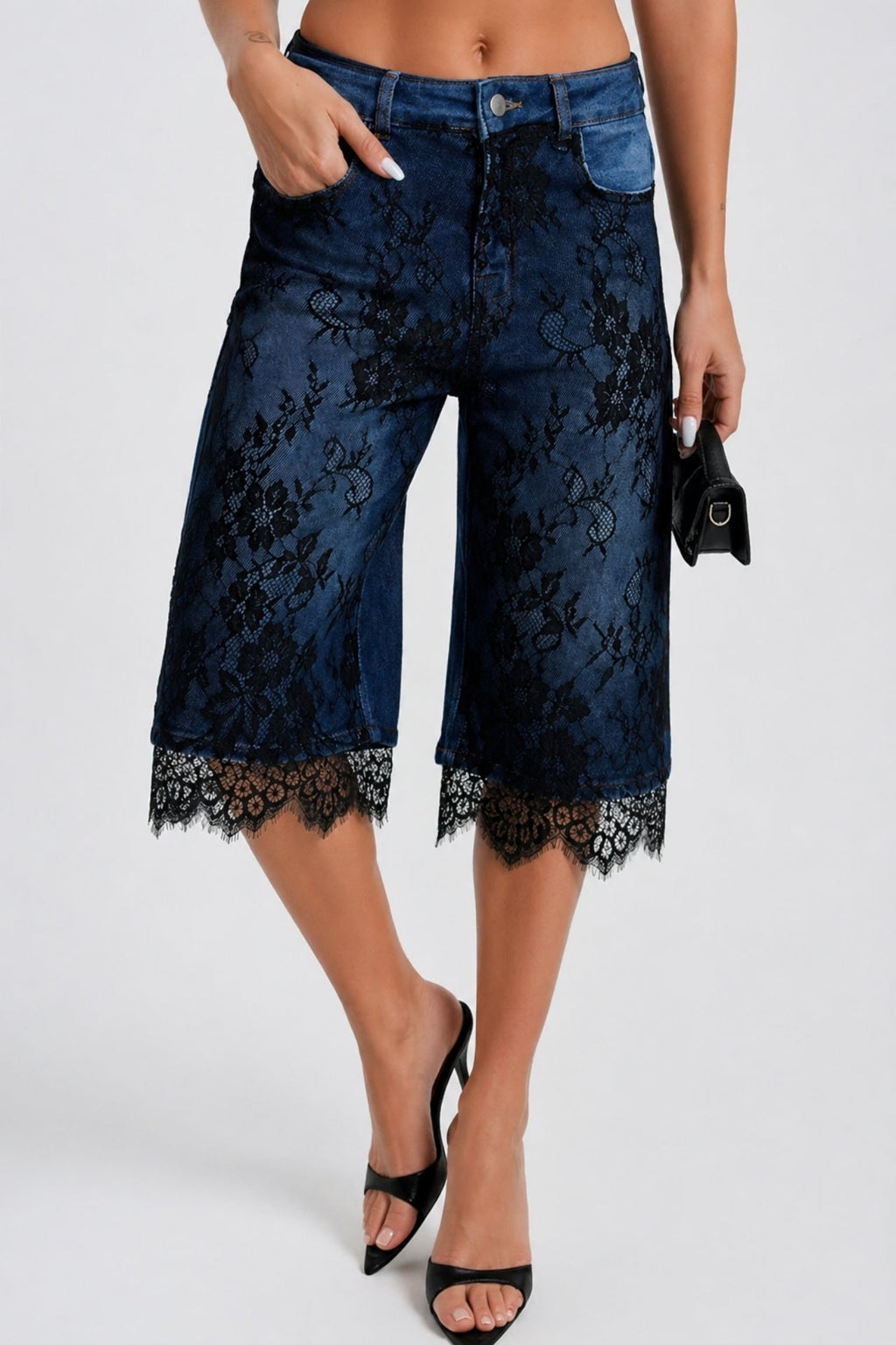 Lace Detail High-Waist Blue Bermuda Denim Shorts