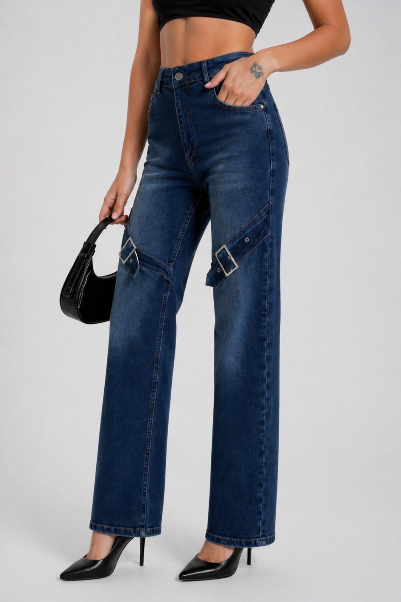 Belt Detail High-Waist Blue Jeans