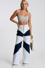 Two-Tone Trim High Waist Blue Jeans
