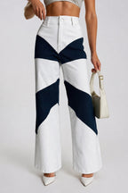 Two-Tone Trimmed High-Waist White Jeans