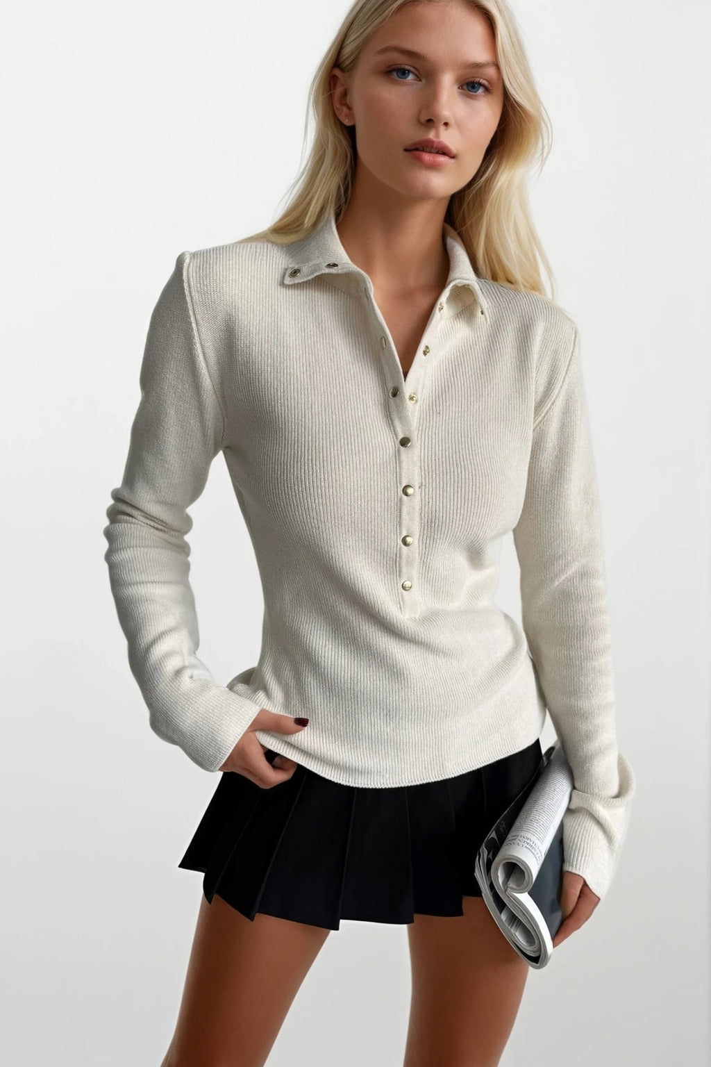 Polo Collar Snap-Button Ecru Knit Blouse