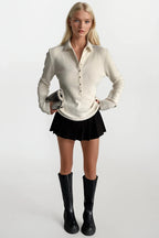 Polo Collar Snap-Button Ecru Knit Blouse
