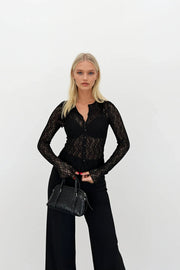 Black Crew Neck Blouse with Lace and Buttons