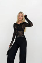 Lace Buttoned Black Crew Neck Blouse