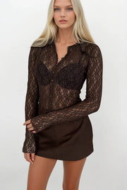 Brown Crew Neck Blouse with Lace and Buttons