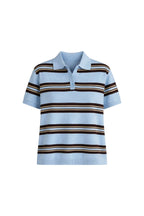 Striped Polo Neck Blue Knit Blouse