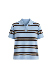 Striped Polo Neck Blue Knit Blouse