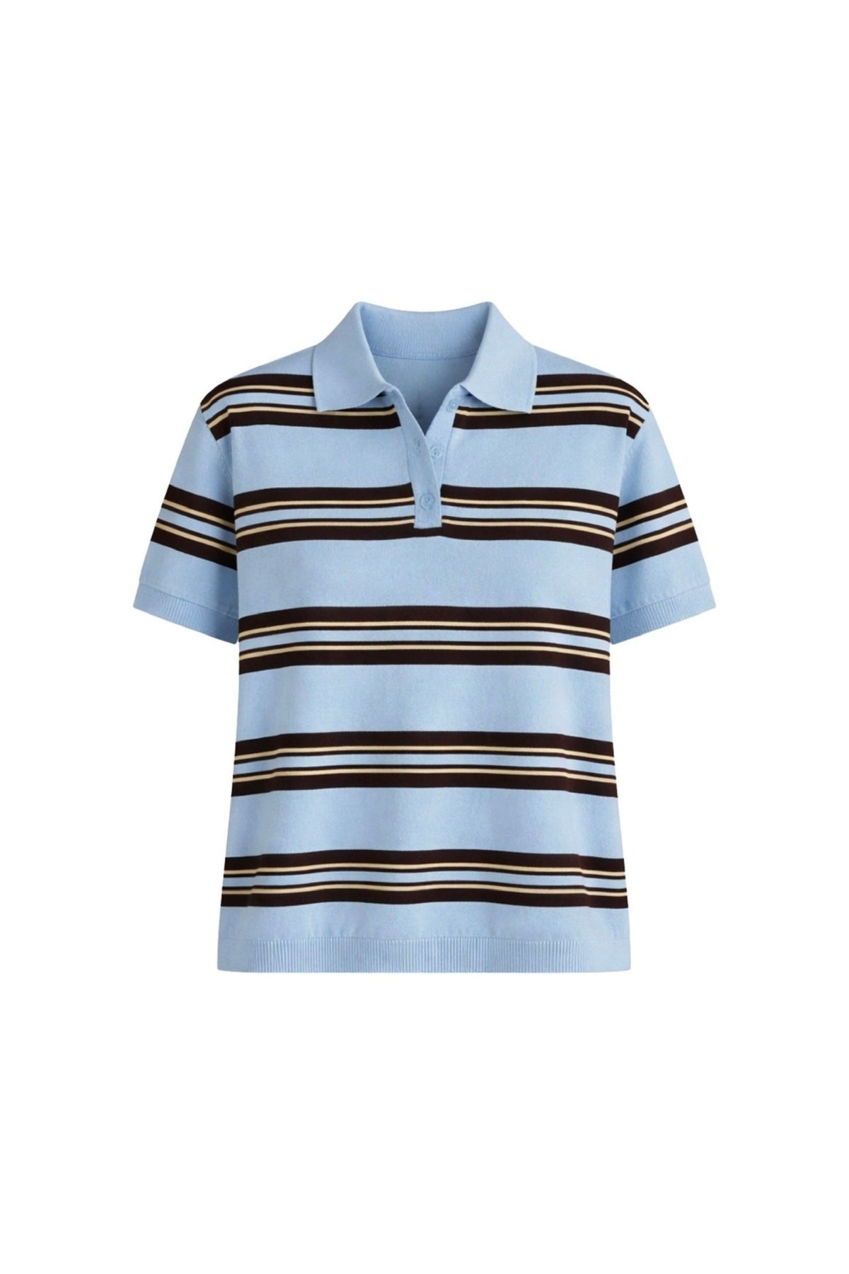 Striped Polo Neck Blue Knit Blouse