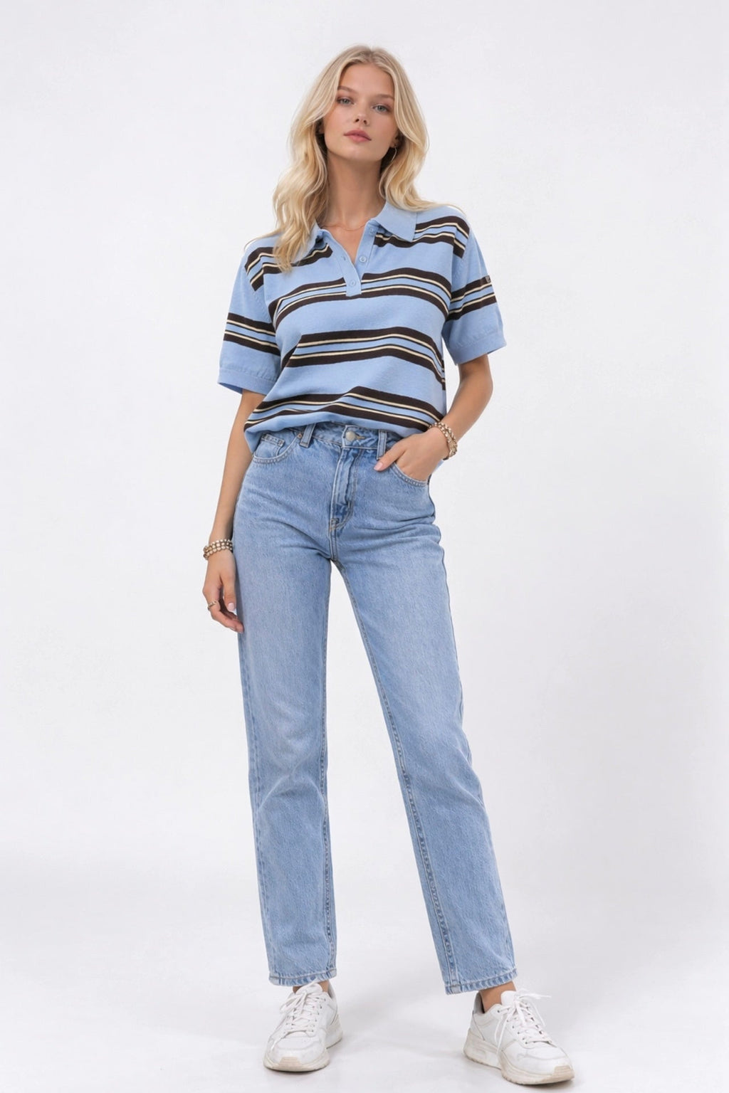 Striped Polo Neck Blue Knit Blouse