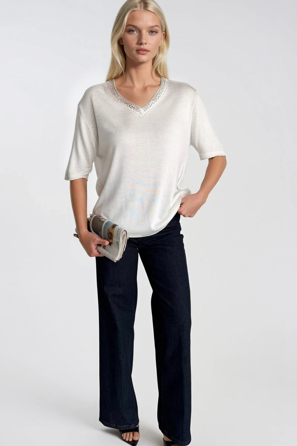 V-Neck Lace Detail White Knit Blouse