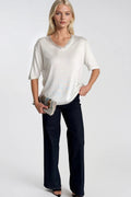 V-Neck Lace Detail White Knit Blouse