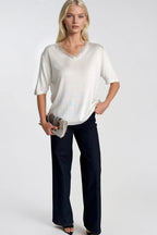 V-Neck Lace Detail White Knit Blouse
