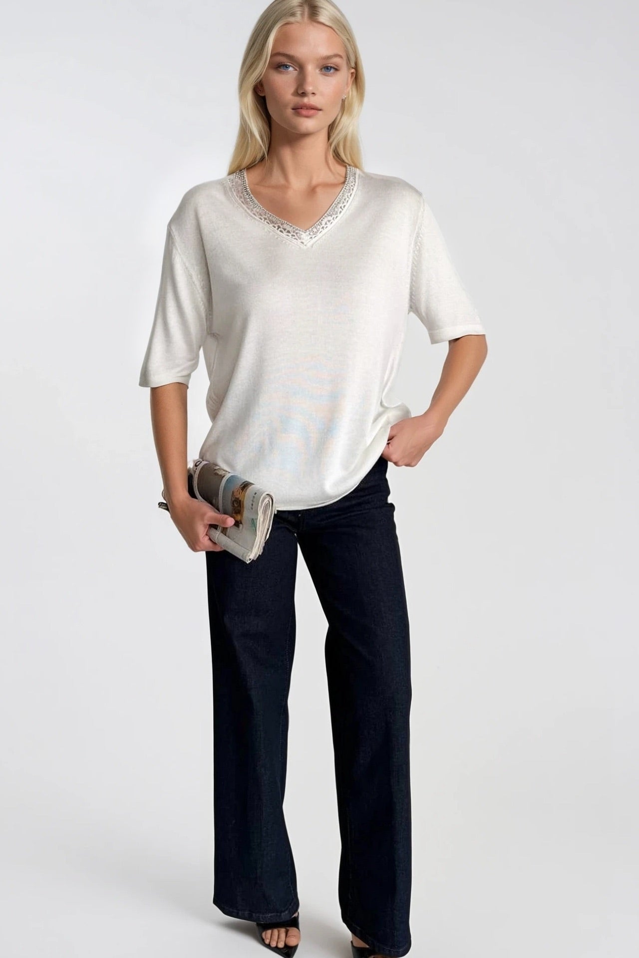 V-Neck Lace Detail White Knit Blouse