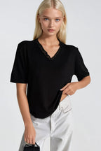 V-Neck Lace Detail Black Knit Blouse