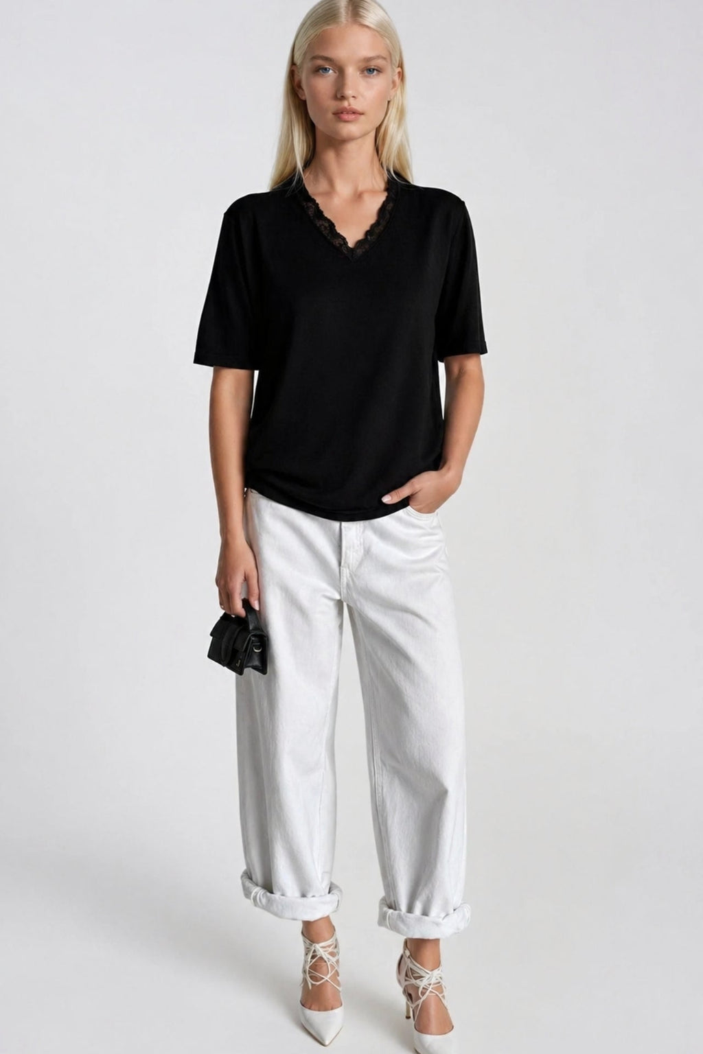 V-Neck Lace Detail Black Knit Blouse
