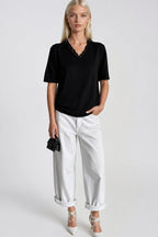 V-Neck Lace Detail Black Knit Blouse