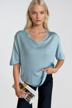 V-Neck Lace Detail Blue Knit Blouse