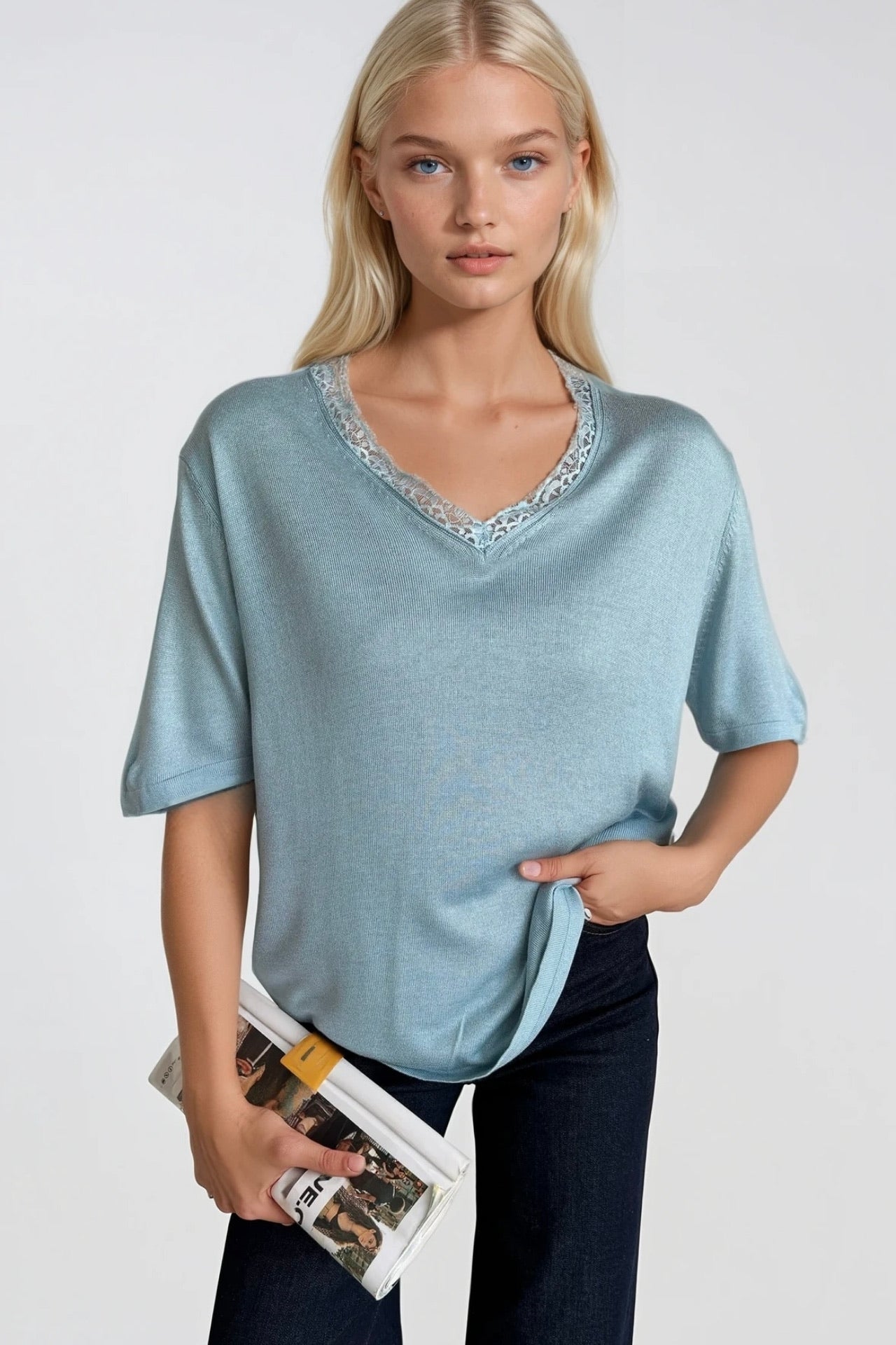 V-Neck Lace Detail Blue Knit Blouse
