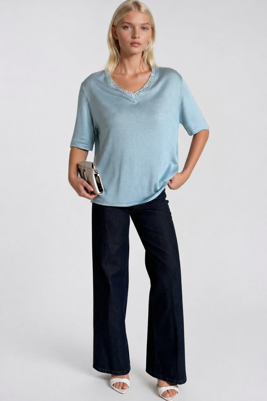 V-Neck Lace Detail Blue Knit Blouse