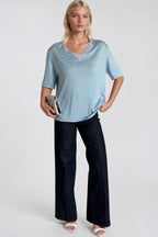 V-Neck Lace Detail Blue Knit Blouse