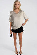 V-Neck Lace Detail Mink Knit Blouse
