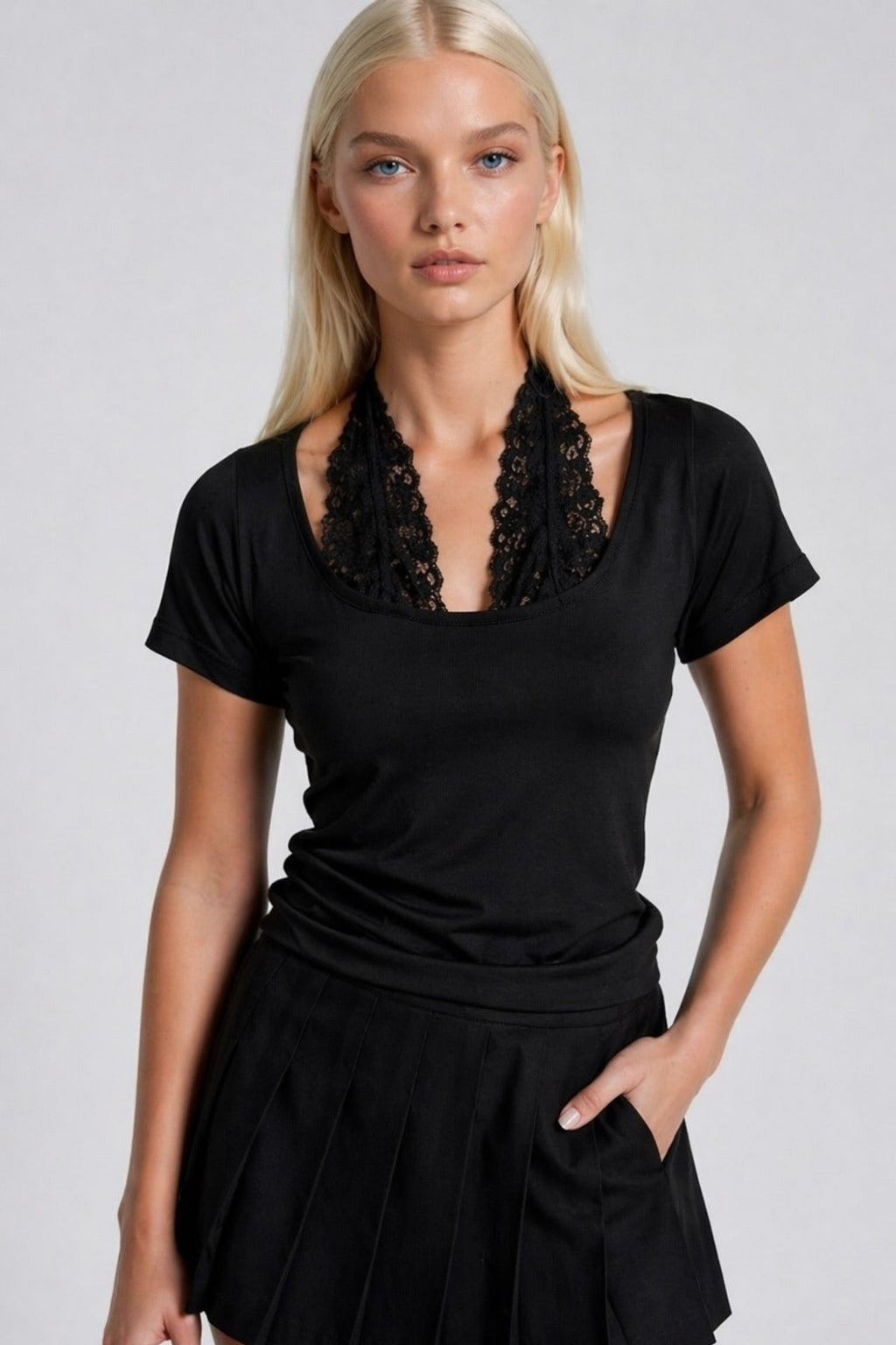 Yaka Lace Detail Short Sleeve Black Blouse