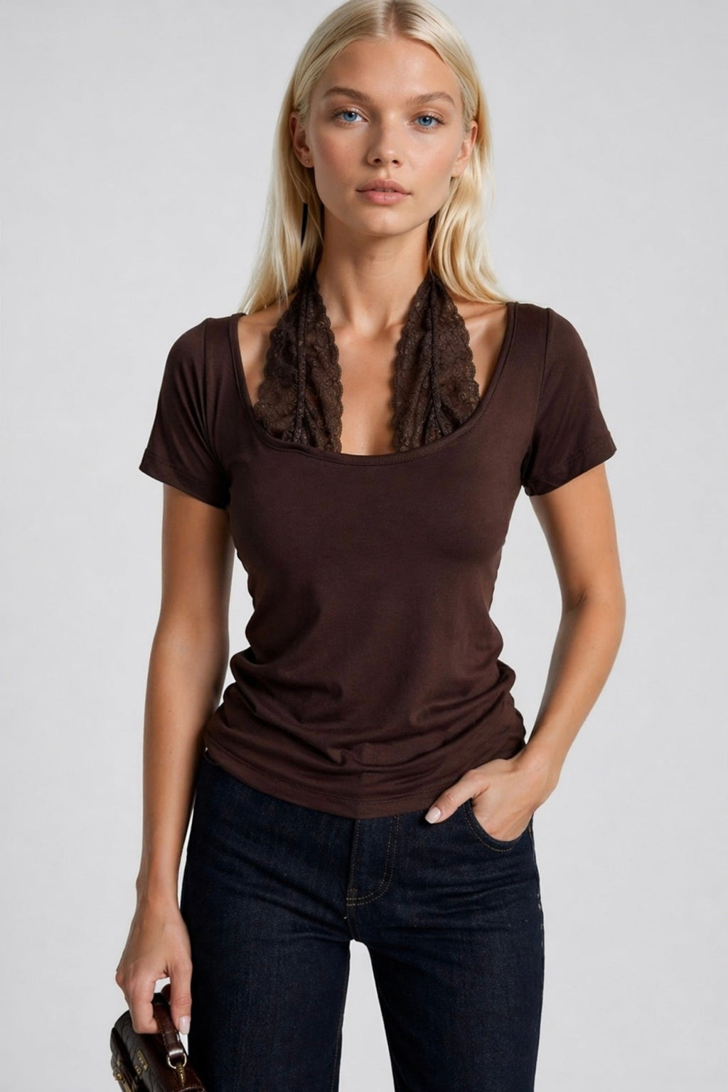 Yaka Lace Detail Short Sleeve Brown Blouse