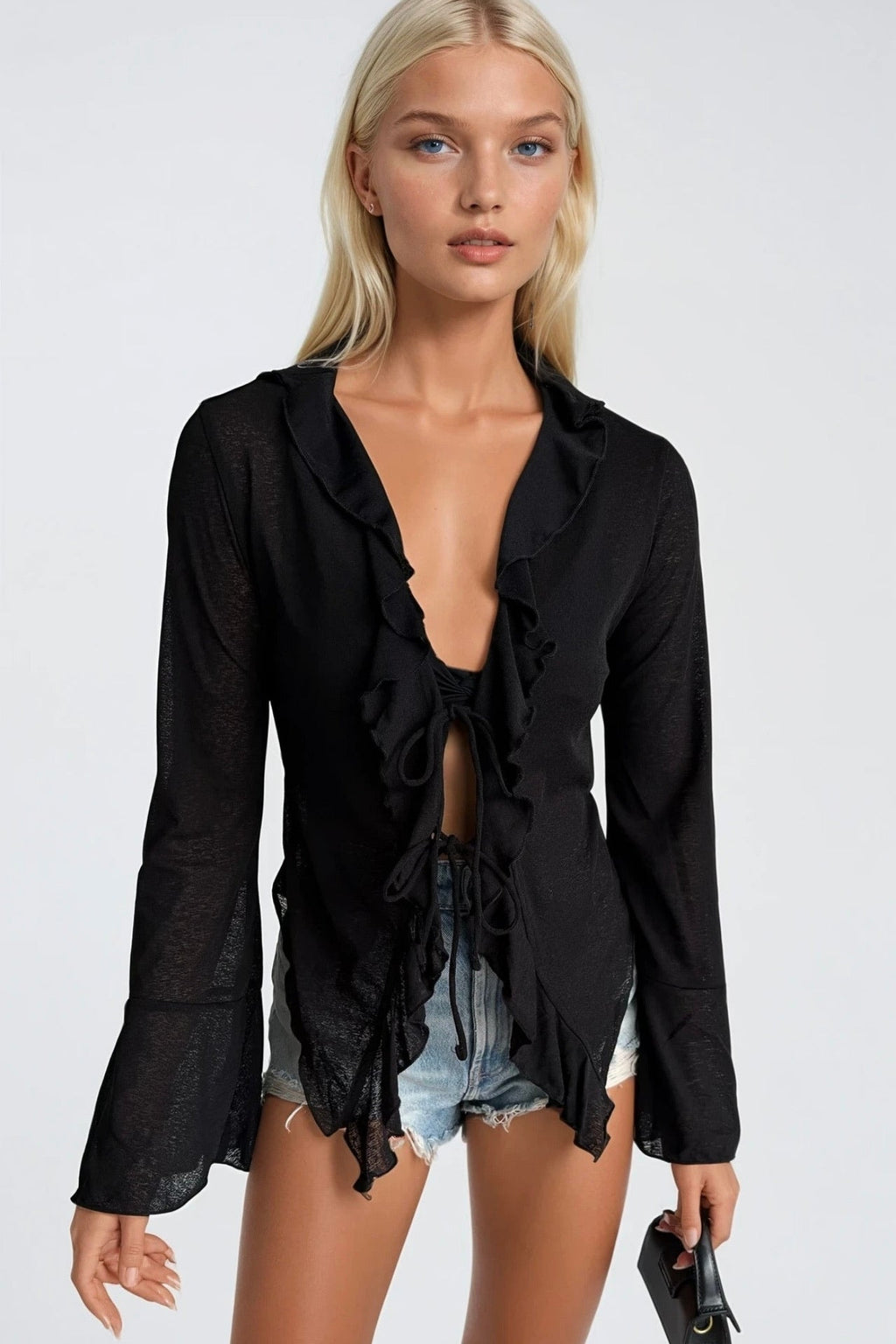 Fırfır Detay Bağlamalı Black Blouse