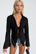 Fırfır Detay Bağlamalı Black Blouse