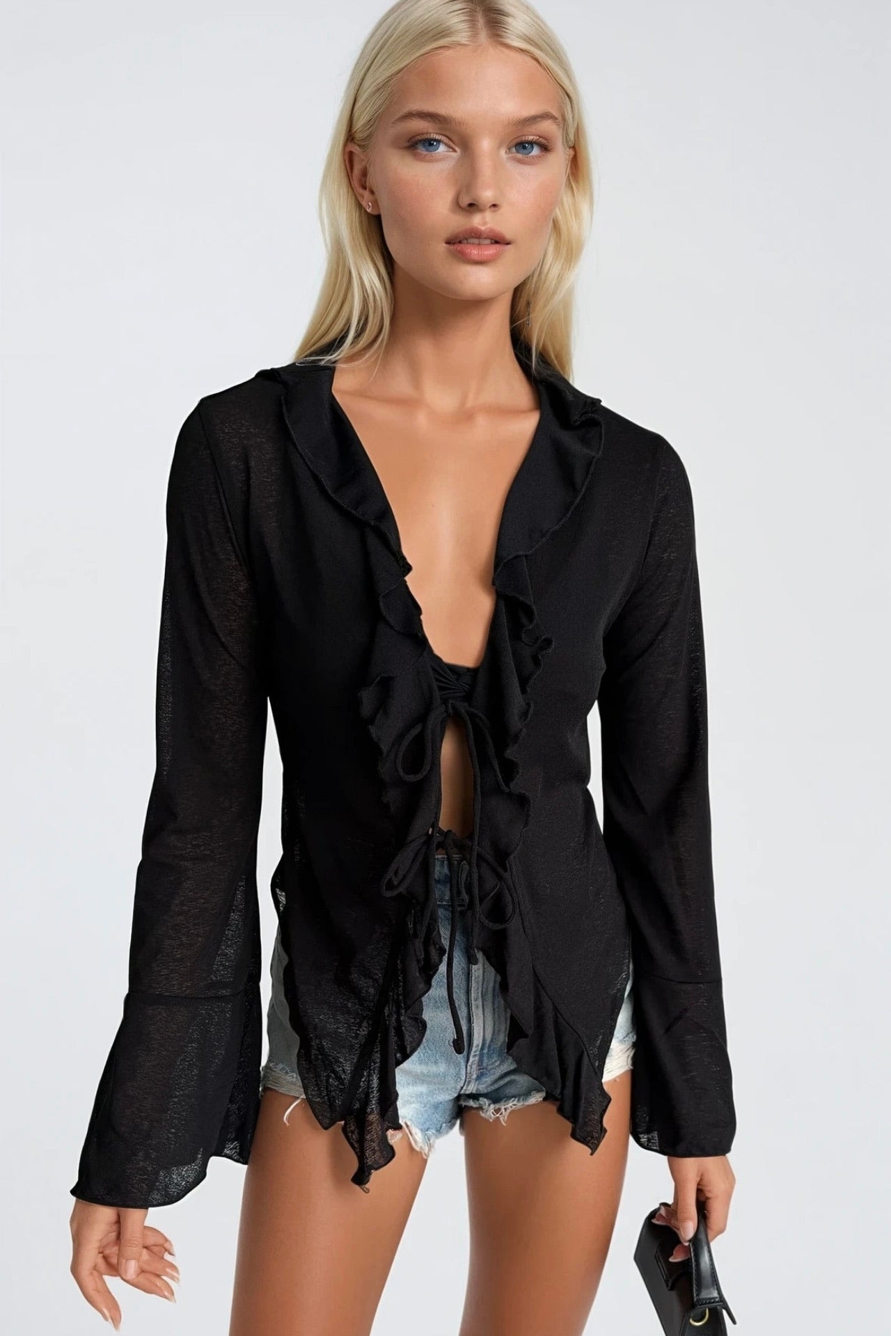 Fırfır Detay Bağlamalı Black Blouse