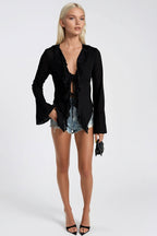 Fırfır Detay Bağlamalı Black Blouse