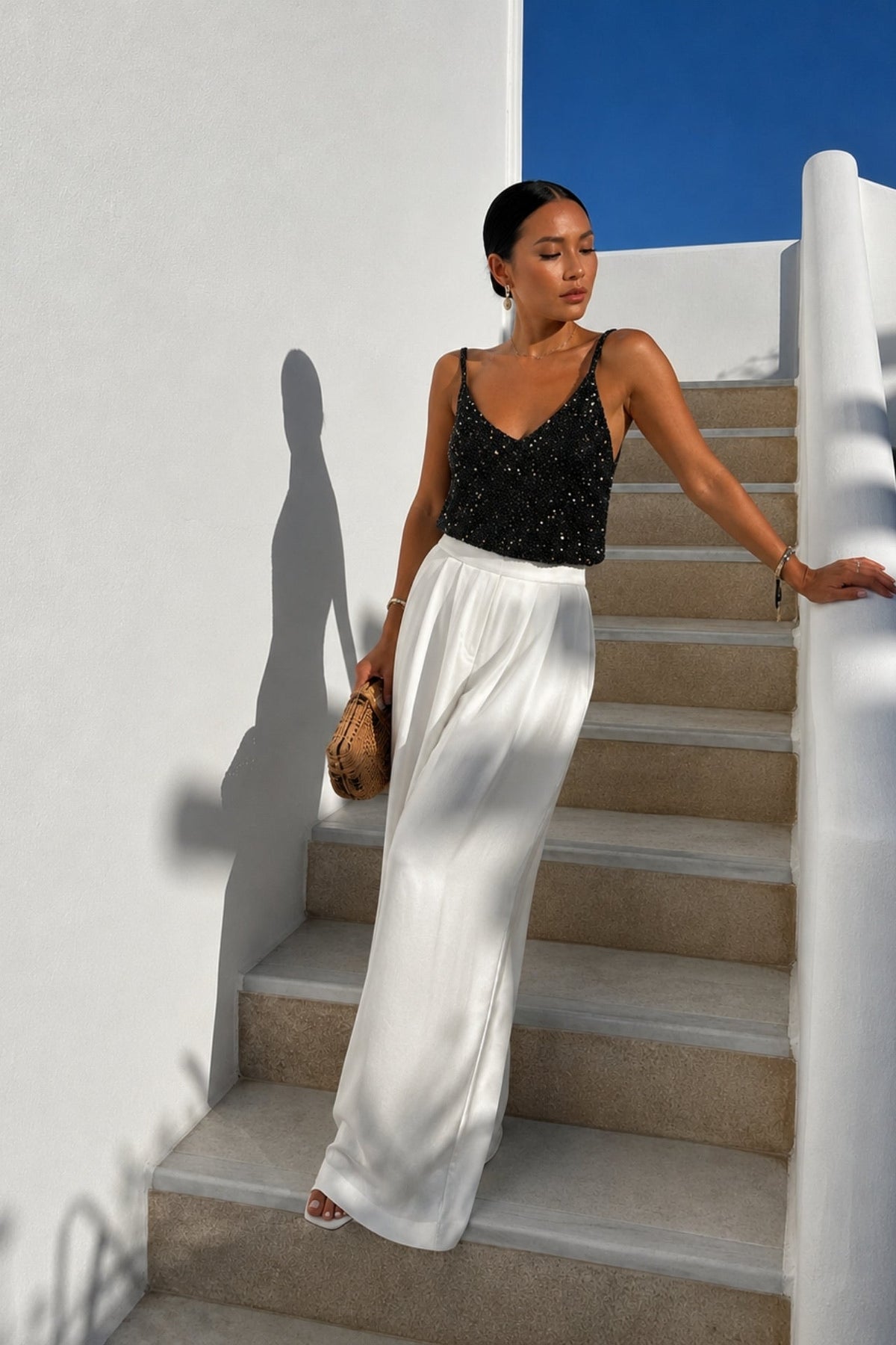 Black Sequin Detail Knitted Blouse with V-Neck and Straps