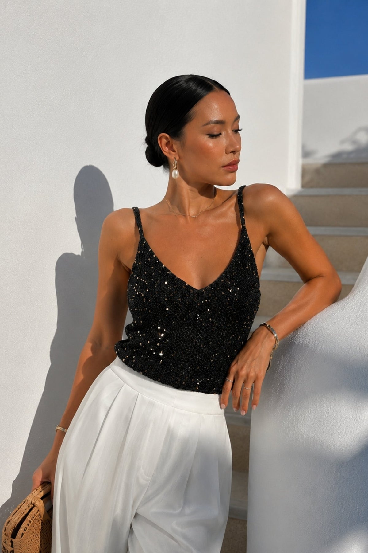 Black Sequin Detail Knitted Blouse with V-Neck and Straps
