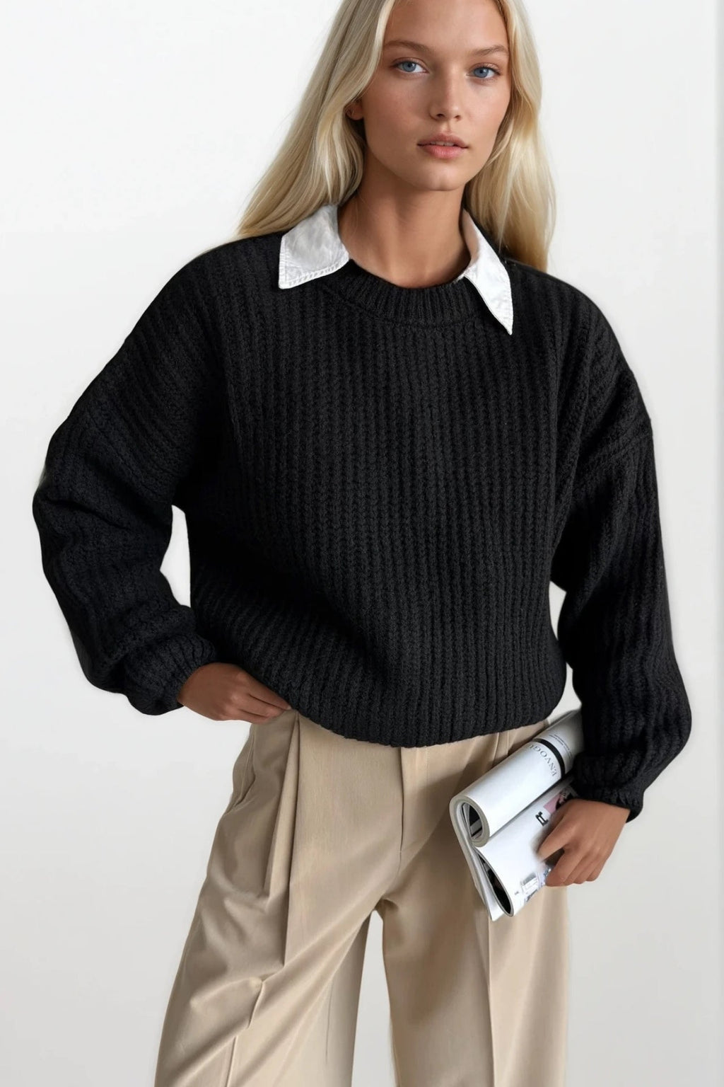 Knit Detail Basic Black Knit Sweater
