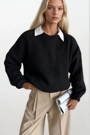 Knitted Detail Basic Black Knit Sweater