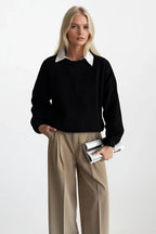Knit Detail Basic Black Knit Sweater