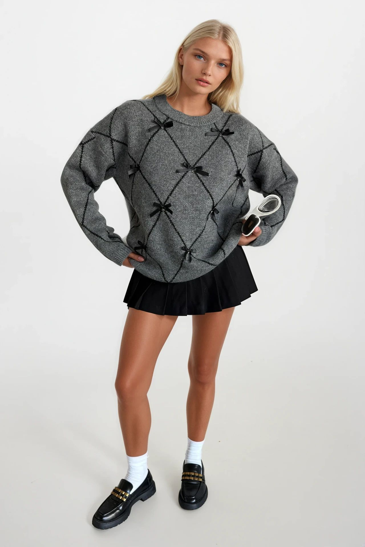 Diamond Pattern Rhinestone Embellished Bow Anthracite Sweater