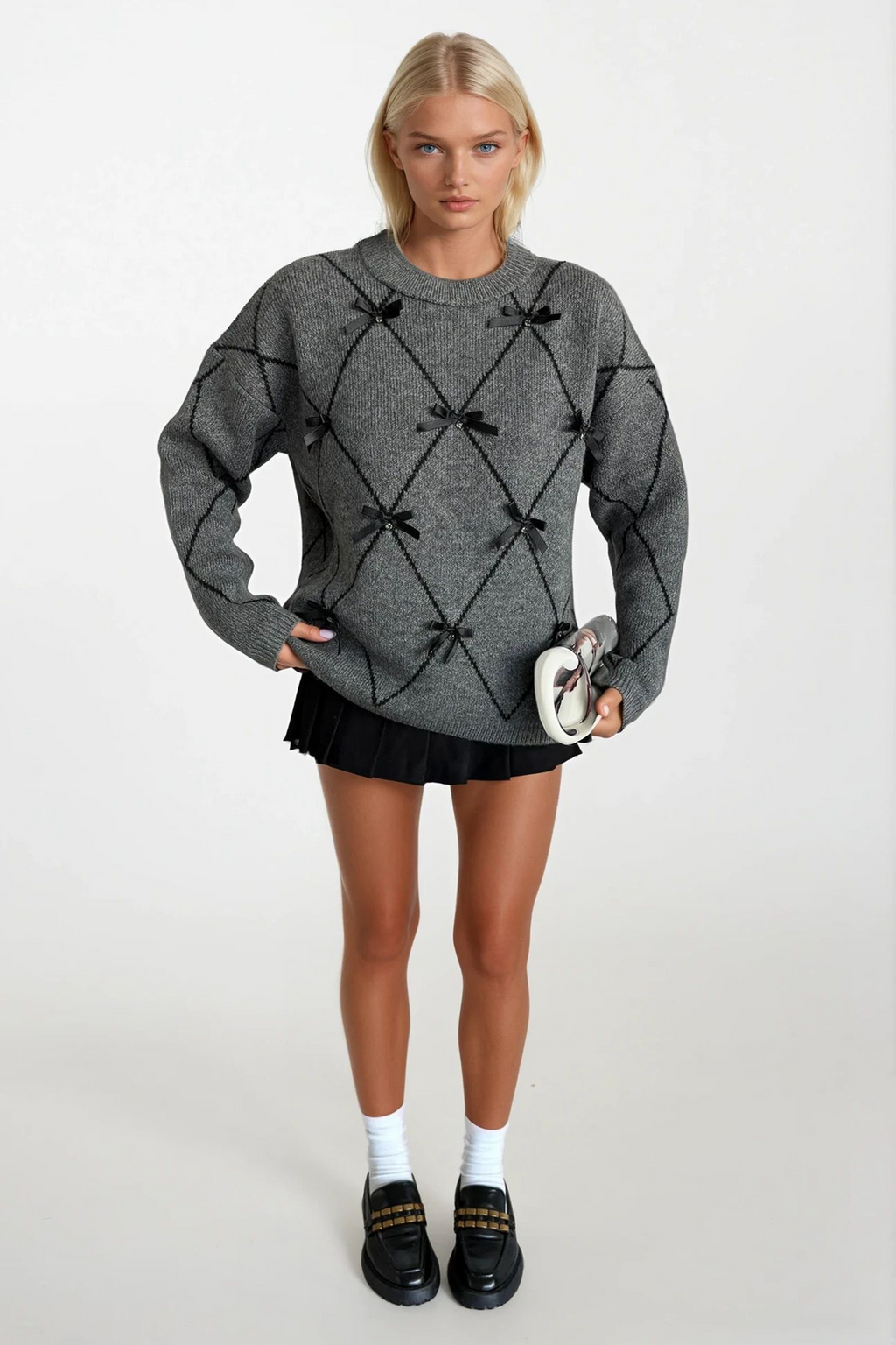 Diamond Pattern Rhinestone Embellished Bow Anthracite Sweater