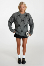 Diamond Pattern Rhinestone Embellished Bow Anthracite Sweater