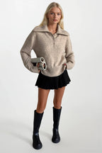 Polo Collar Beige Buttoned Knit Sweater