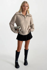 Beige Button-Up Polo Knit Sweater