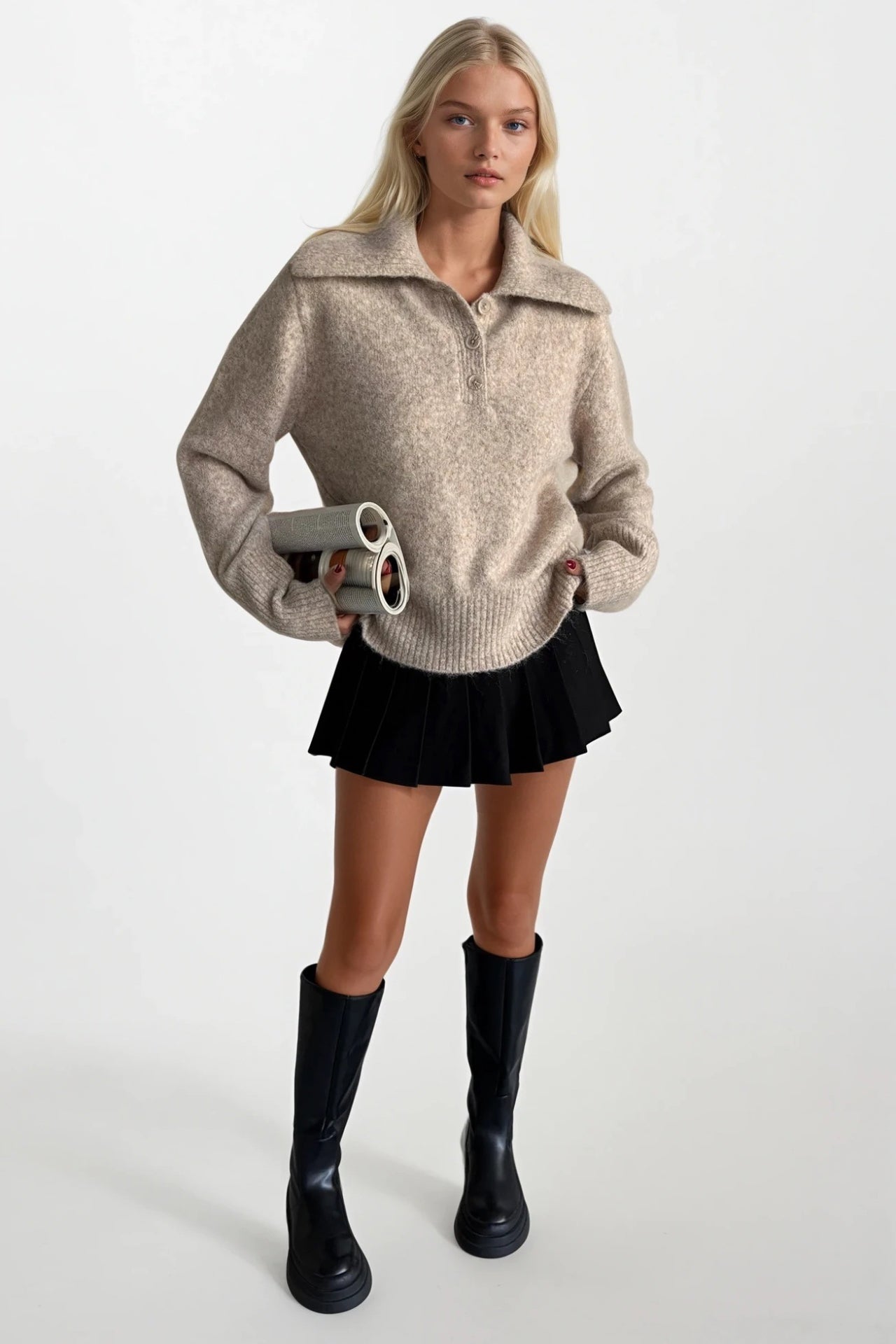Polo Collar Beige Buttoned Knit Sweater