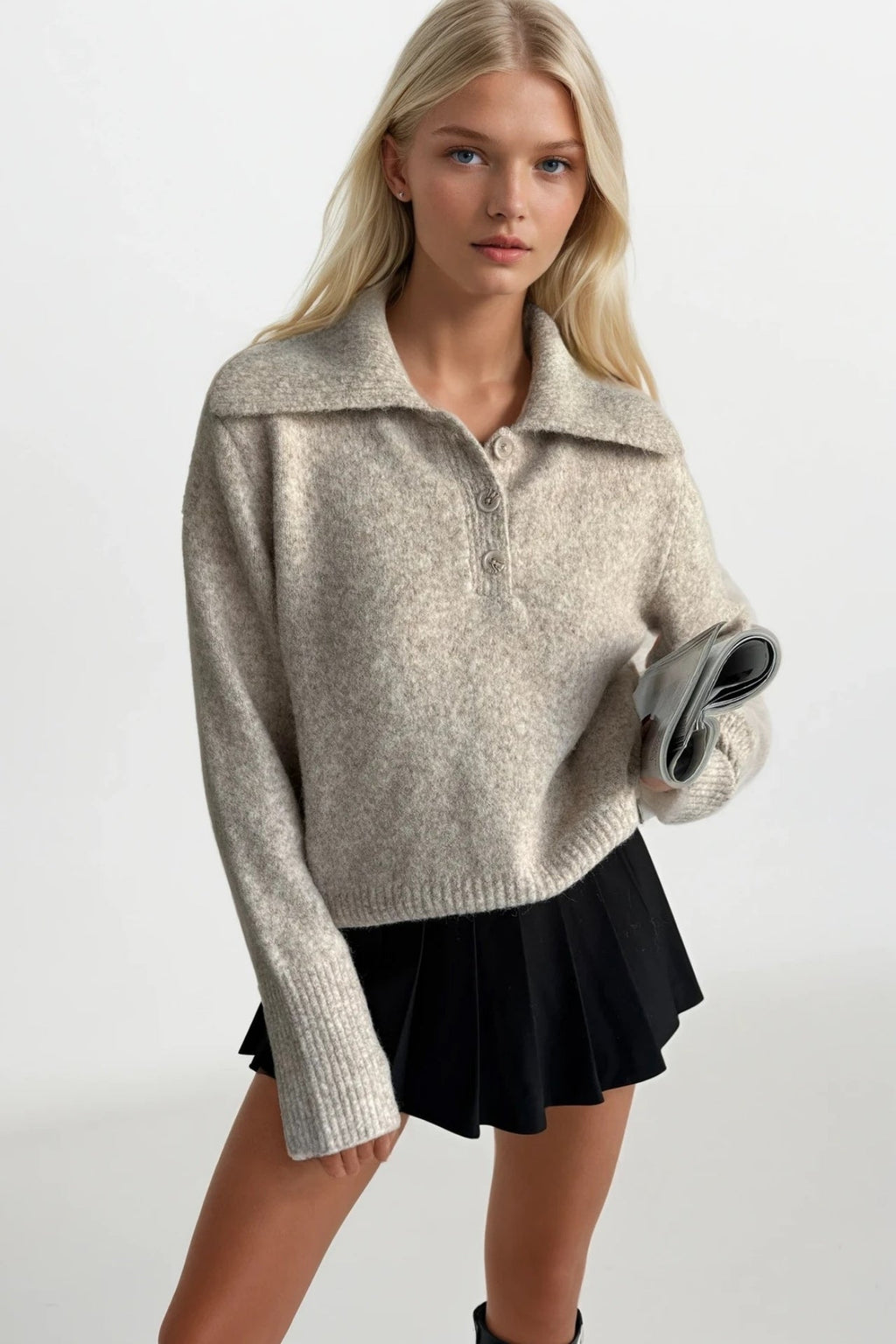 Polo Collar Beige Buttoned Knit Sweater