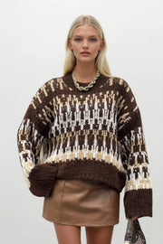 Patterned Brown Knit Sweater