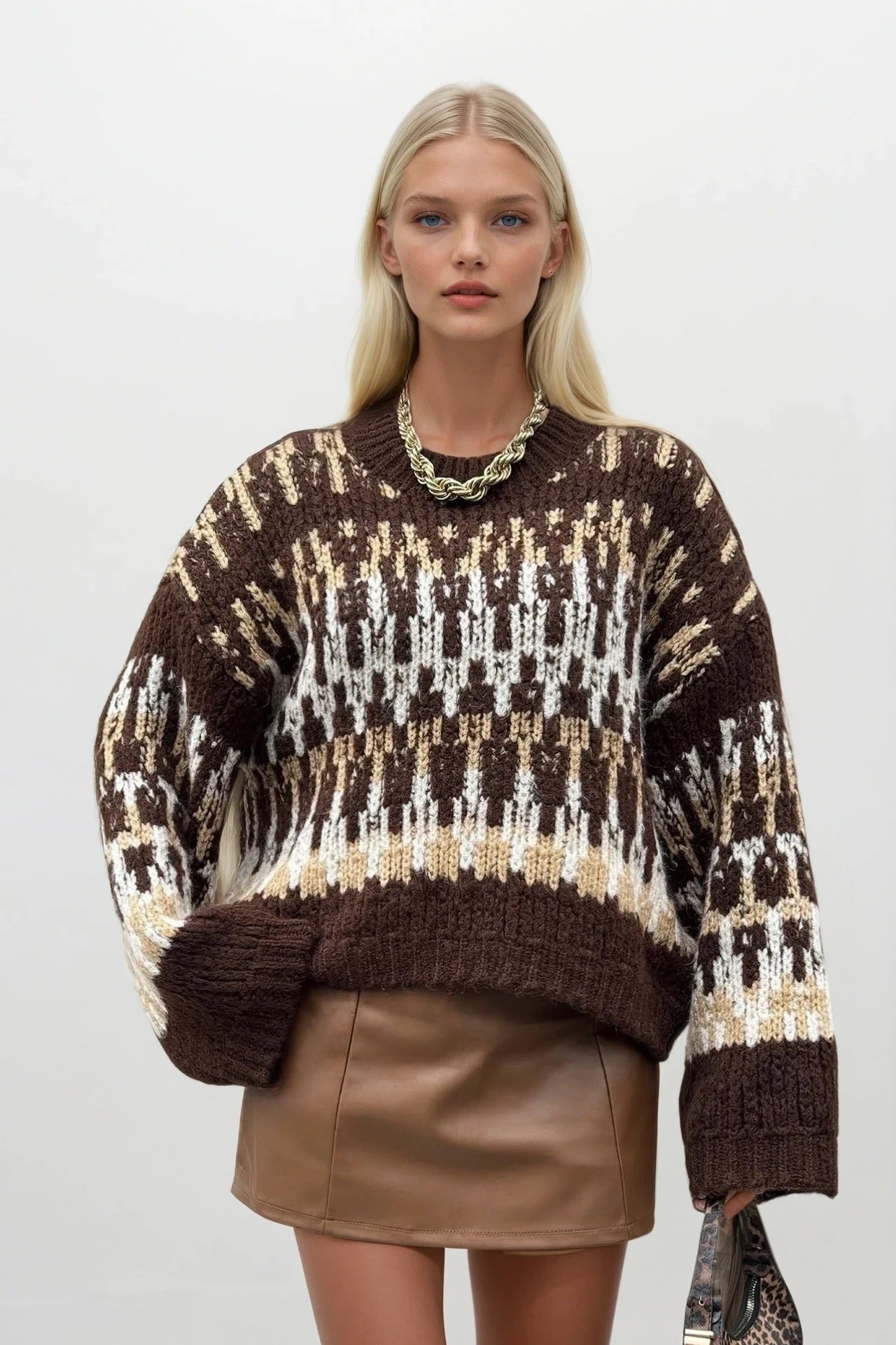 Patterned Brown Knit Sweater